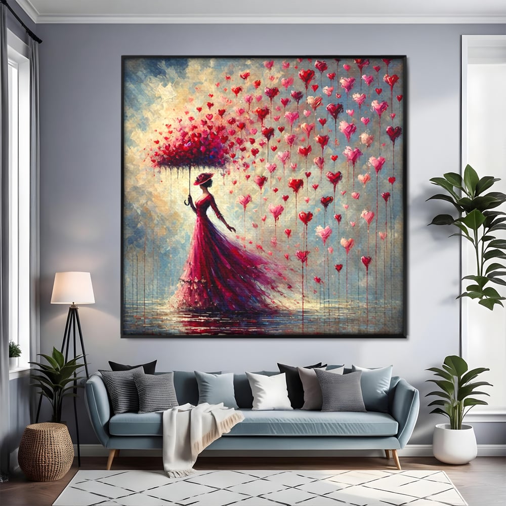 Tablou canvas cu tablou canvas cu femeie in rochie rosie, in rama de aluminiu negru, pe perete intr-un living